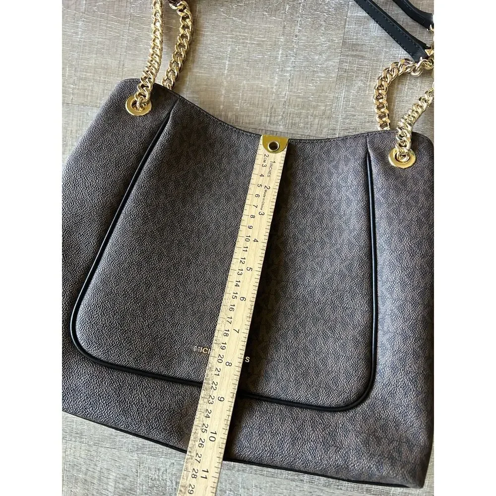 Michael Kors Jet Set Large Chain Tote Brown MK Monogram PVC Leather Trim Bag EUC